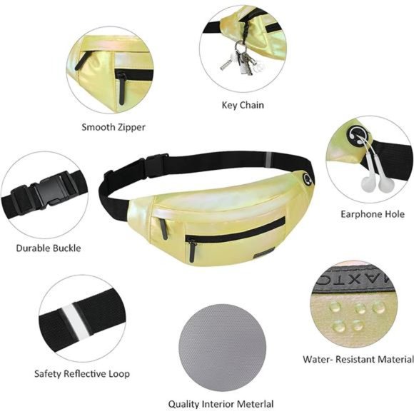 Large Crossbody Fanny Pack with 4-Zipper Pockets Gold Sports Festival Gym - Picture 4 of 6